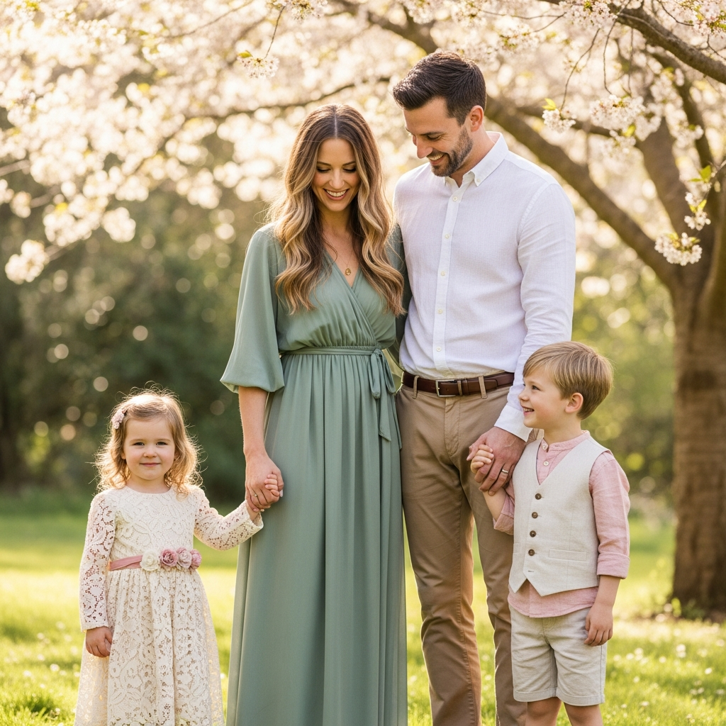 Ejemplo perfecto de coordinación de colores para fotos familiares de primavera
