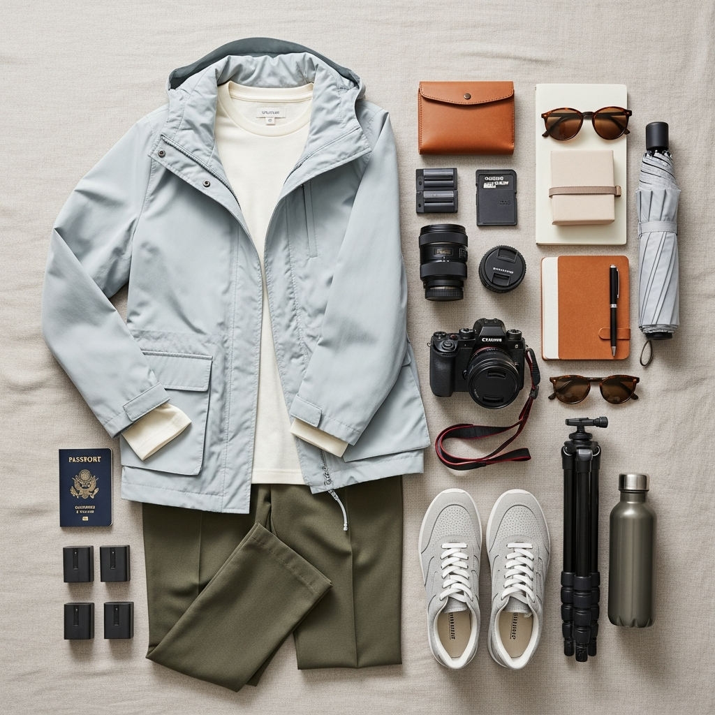 Essentiels d'emballage pour voyages au printemps avec vêtements superposés et équipement photo