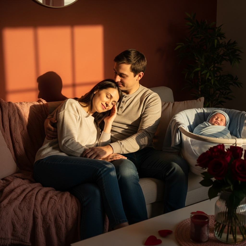 Eltern teilen ruhigen intimen Moment, während Baby friedlich schläft