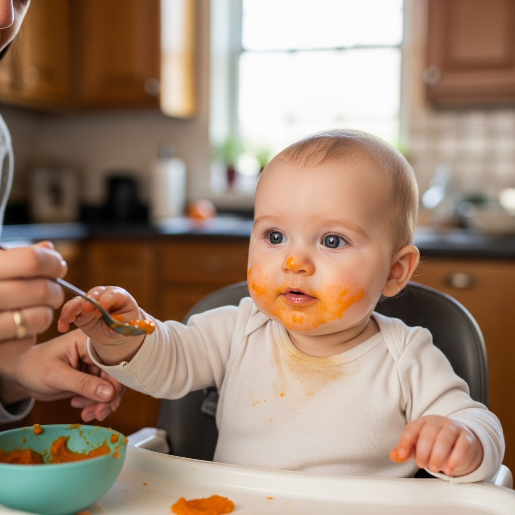 Baby trying first solid foods at 6 months milestone