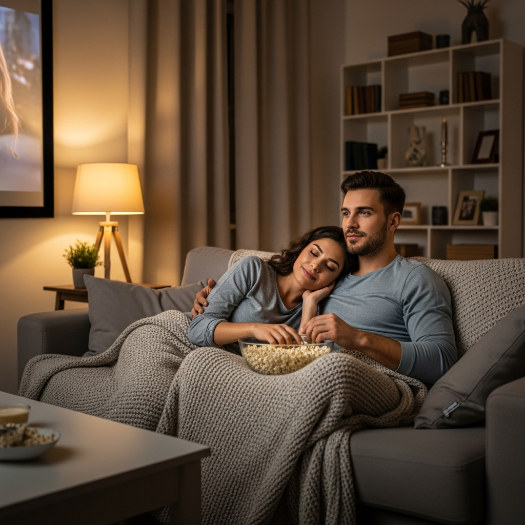 Romantic movie night scene with couple watching love story films