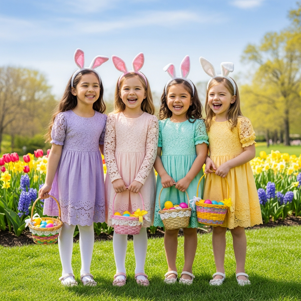 Four girls in coordinating pastel Easter dresses at spring celebration holding Easter baskets laughing