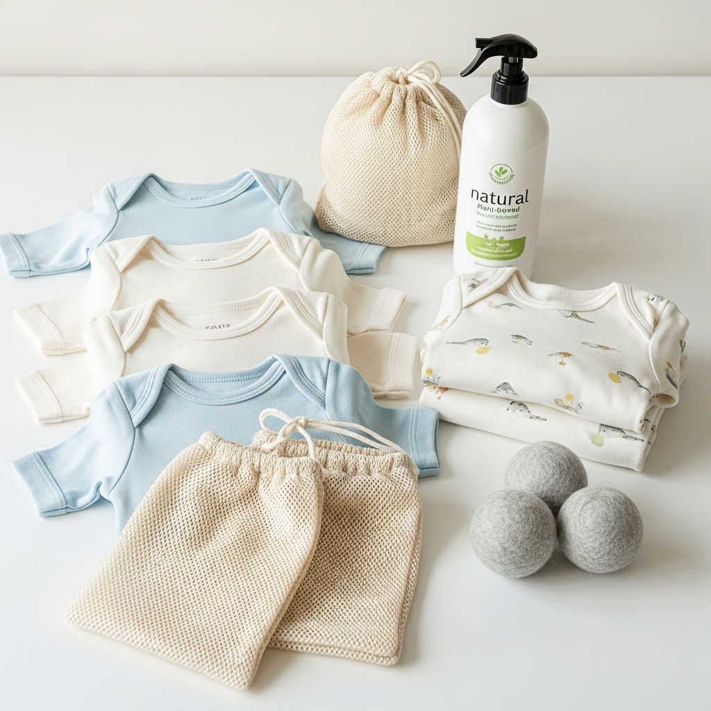 Ropa de bambú para bebé arreglada con productos de lavado eco-amigables para madres nuevas