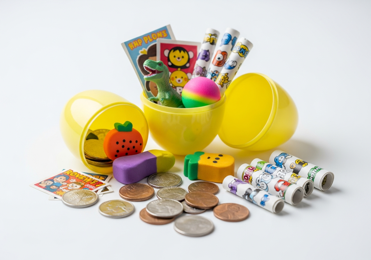 Candy free Easter egg hunt fillers with toys, stickers, and coins