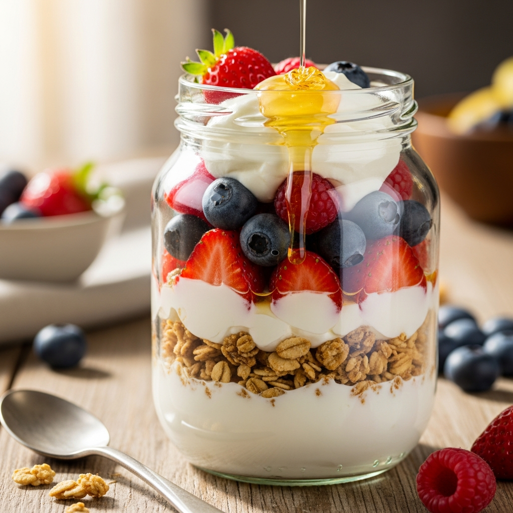 Parfait au yaourt grec pour petit-déjeuner fertilité avec baies et granola