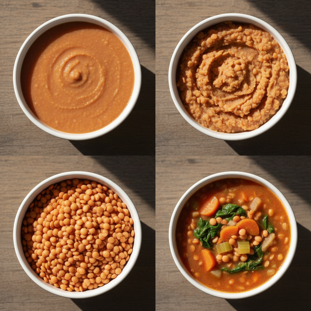 Lentil texture stages for baby development Vegetarian baby food texture progression showing red lentil puree at 6 months, mashed lentils at 8 months, whole lentils at 10 months, and lentil soup at 12 months