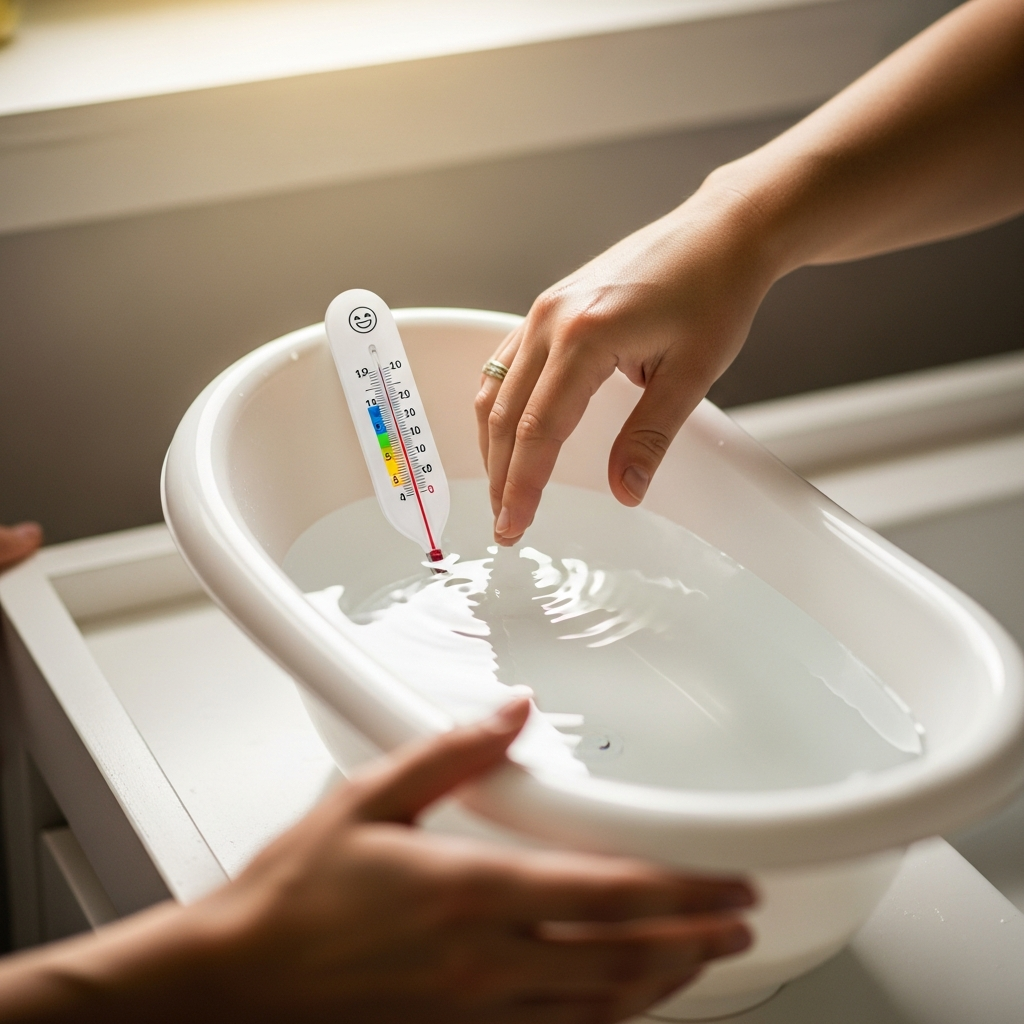 Sichere Neugeborenen-Bade-Temperatur-Demonstration mit Thermometer und Wassertesten