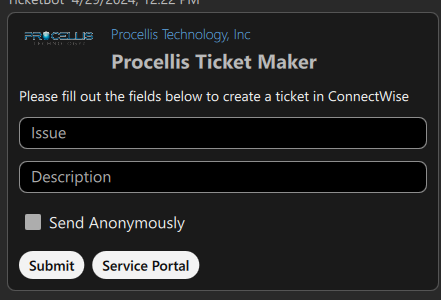 A webex bot for creating tickets in a variety of platforms including ConnectWise, Jira, Autotask, and Kaseya. 
 
 Developed for Procellis Technologies.