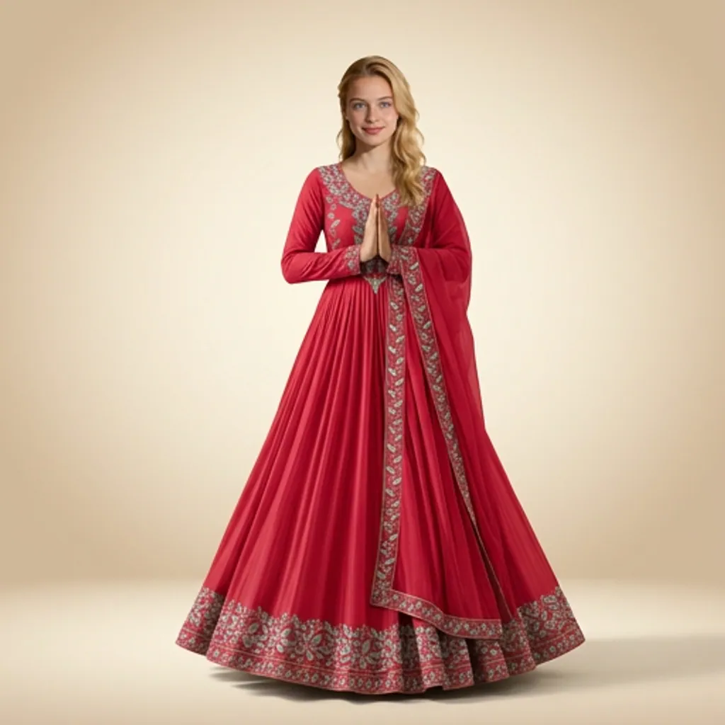 AI-generated on-model anarkali catalog photo