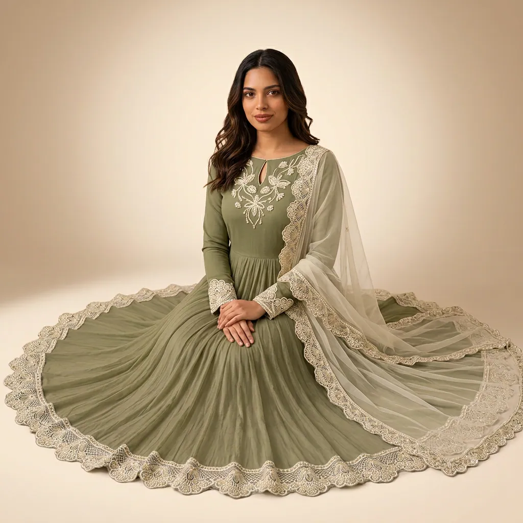 AI-generated on-model anarkali catalog photo