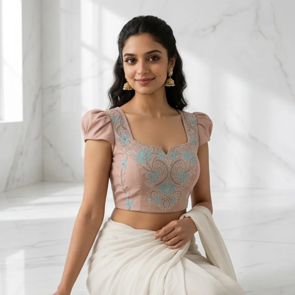 AI-generated on-model blouse catalog photo