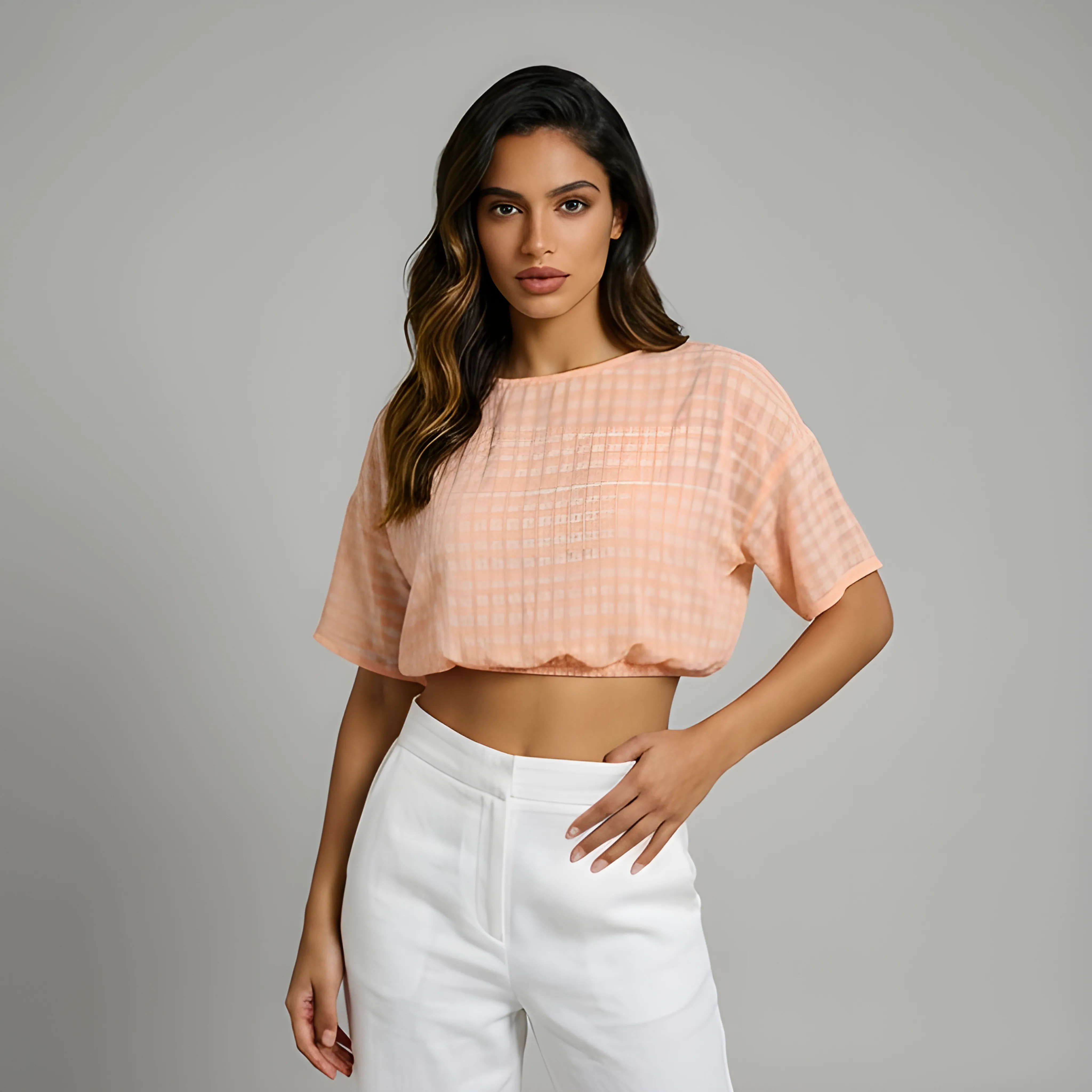 AI-generated on-model crop top catalog photo