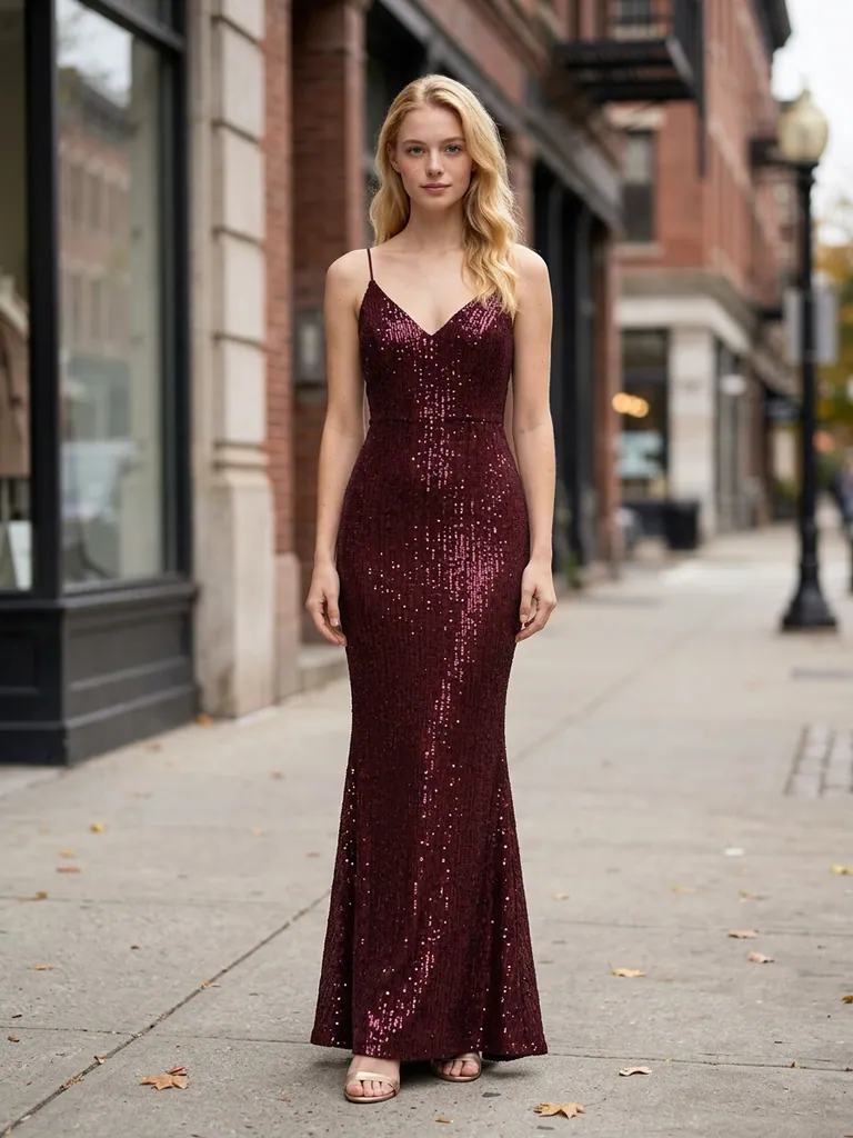 AI-generated on-model gown catalog photo