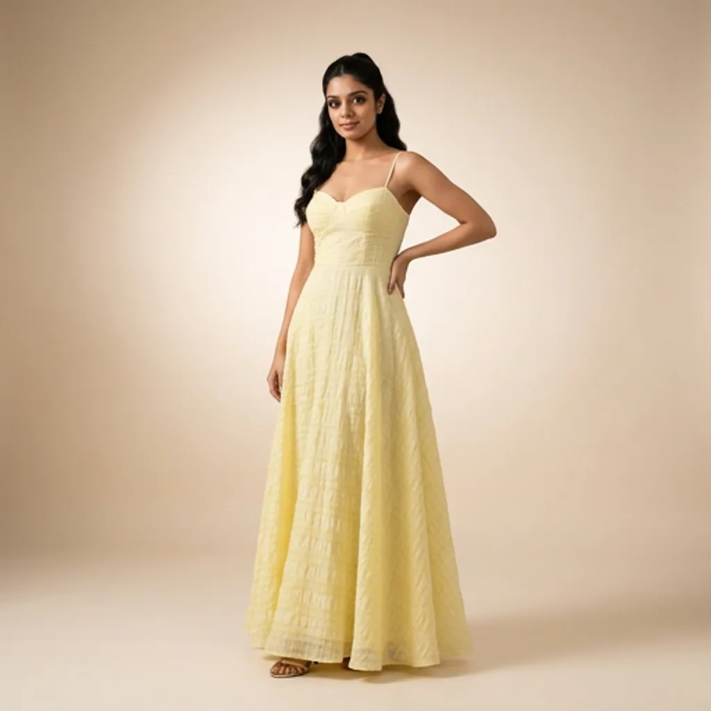AI-generated on-model gown catalog photo
