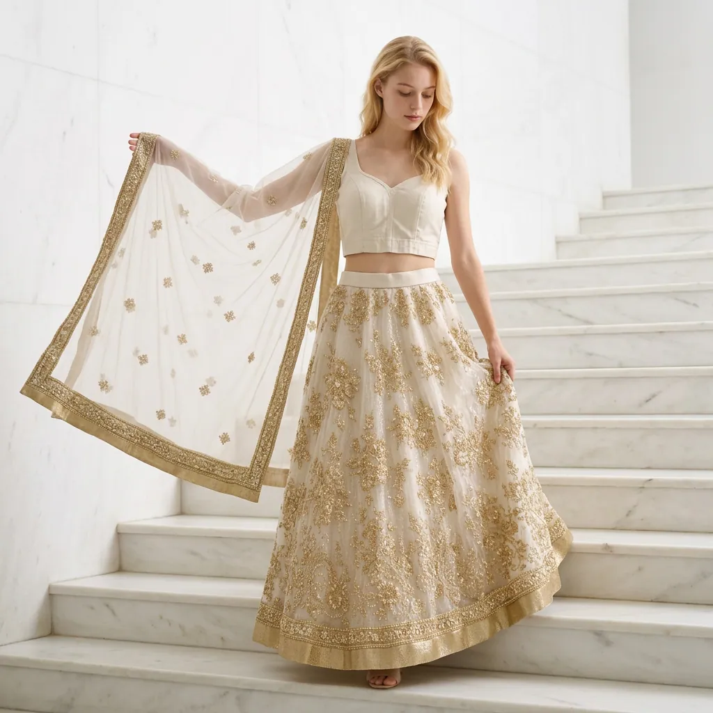 AI-generated on-model lehenga catalog photo