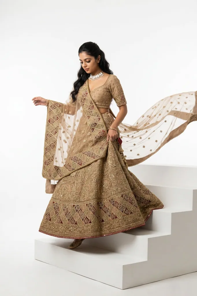 AI-generated on-model lehenga catalog photo