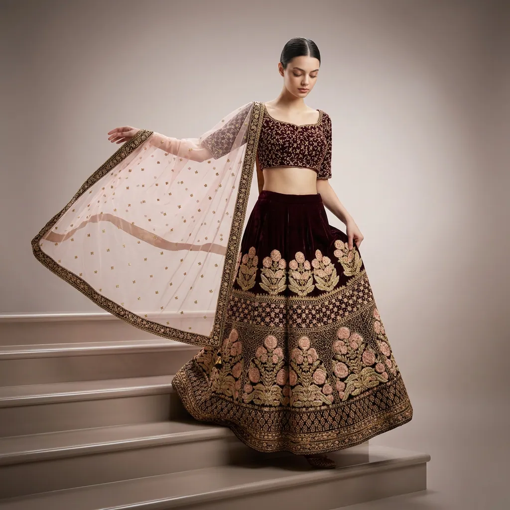 AI-generated on-model lehenga catalog photo