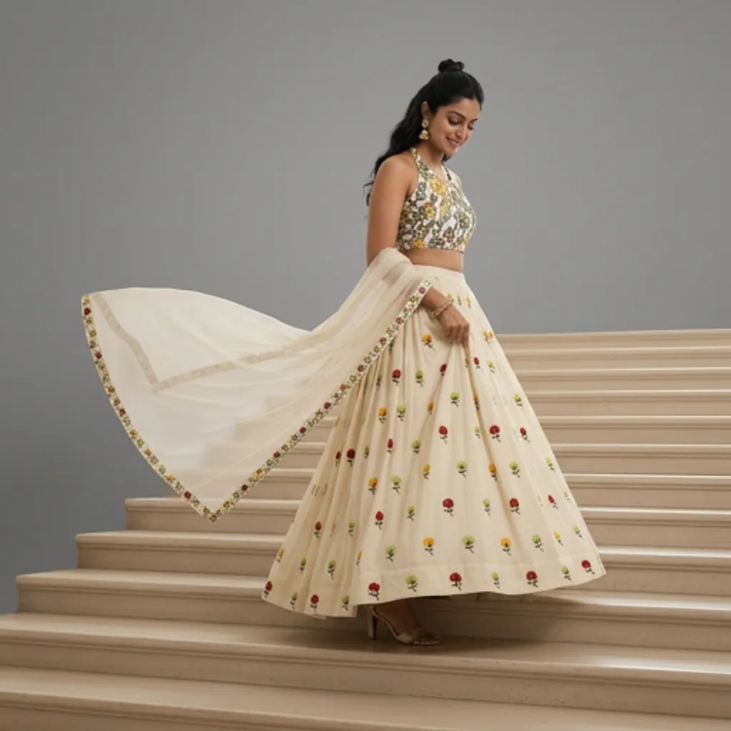 AI-generated on-model lehenga catalog photo