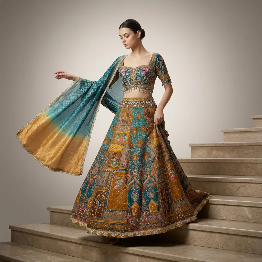 AI-generated on-model lehenga catalog photo