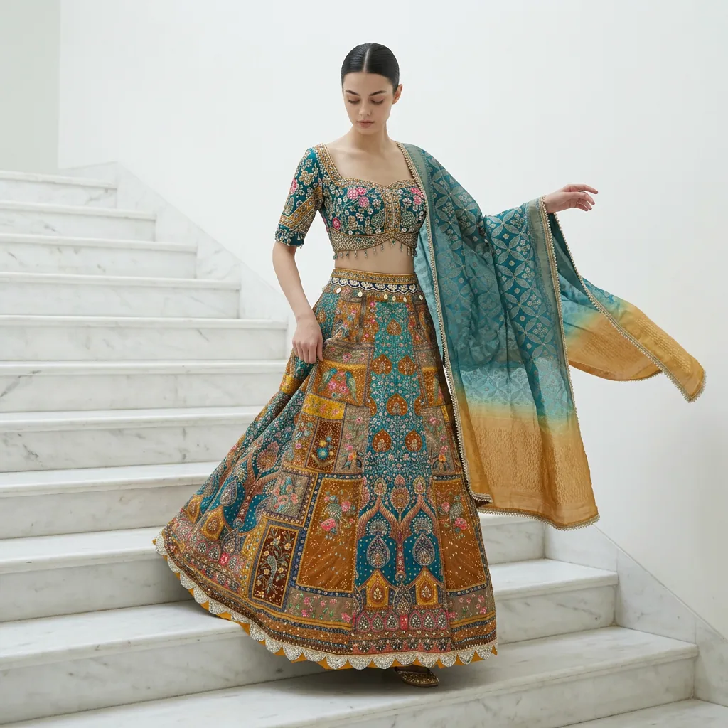 AI-generated on-model lehenga catalog photo