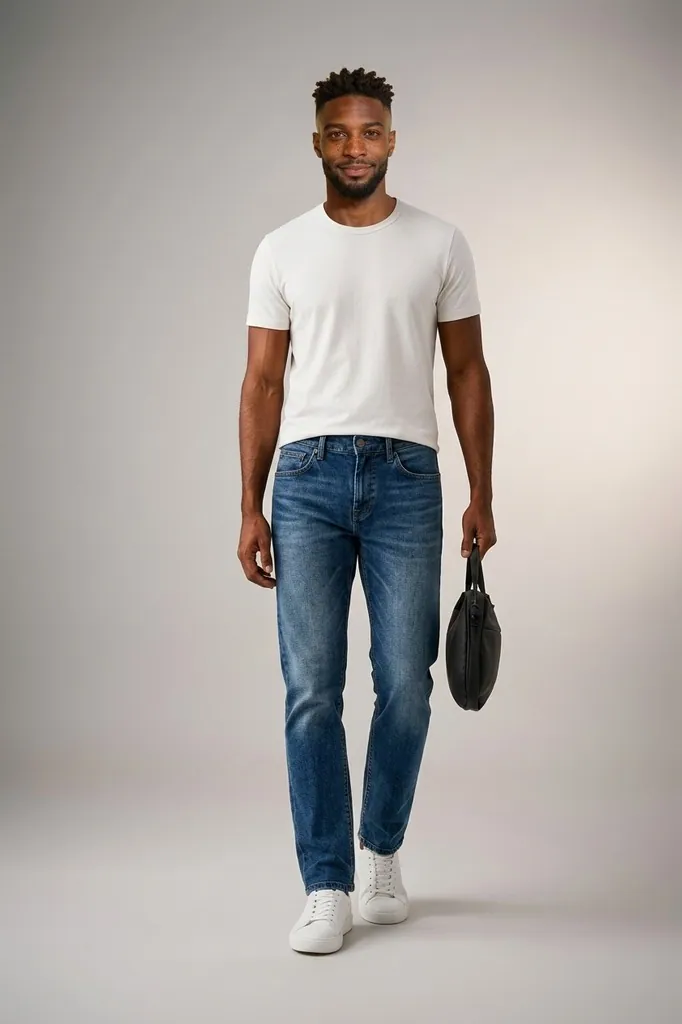 AI-generated on-model menswear catalog photo