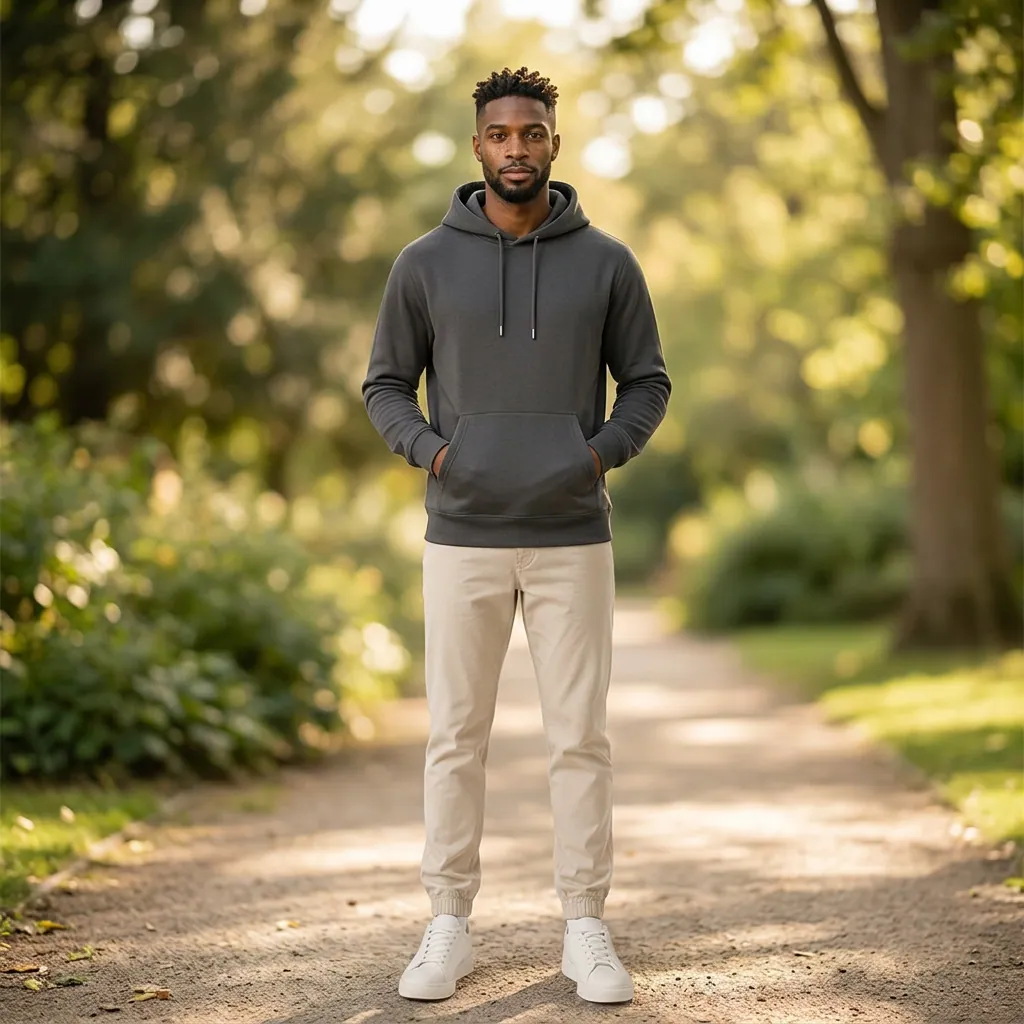 AI-generated on-model menswear catalog photo