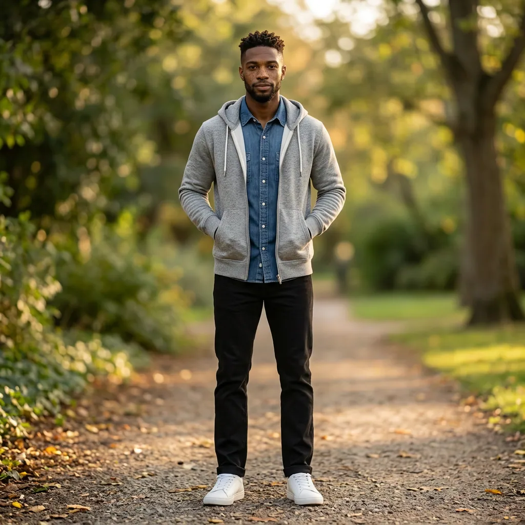 AI-generated on-model menswear catalog photo