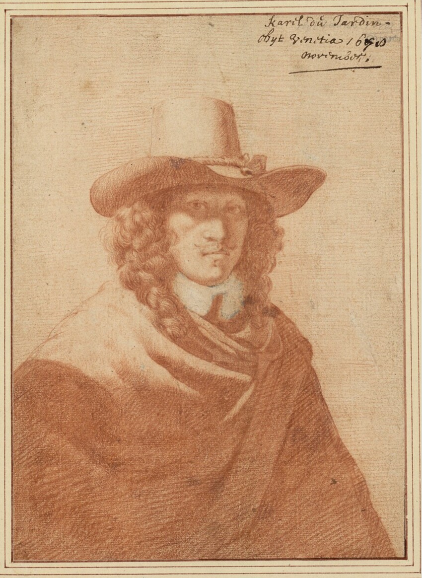 Karel Dujardin (Amsterdam 1622 - 1678 Venedig) | Porträt des Künstlers mit Hut und Mantel | Displayed motifs: Human face, Clothing, Person, Fedora, Woman, Man, Halo, 