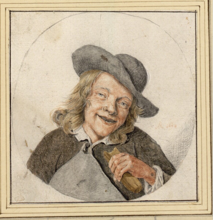 Cornelis Dusart (Haarlem 1660 - 1704 Haarlem) | Lachender Jüngling mit einem Stück Brot in der Hand (Brustbild im Rund) | Displayed motifs: Human face, Clothing, Woman, Hat, Person, Human head, 