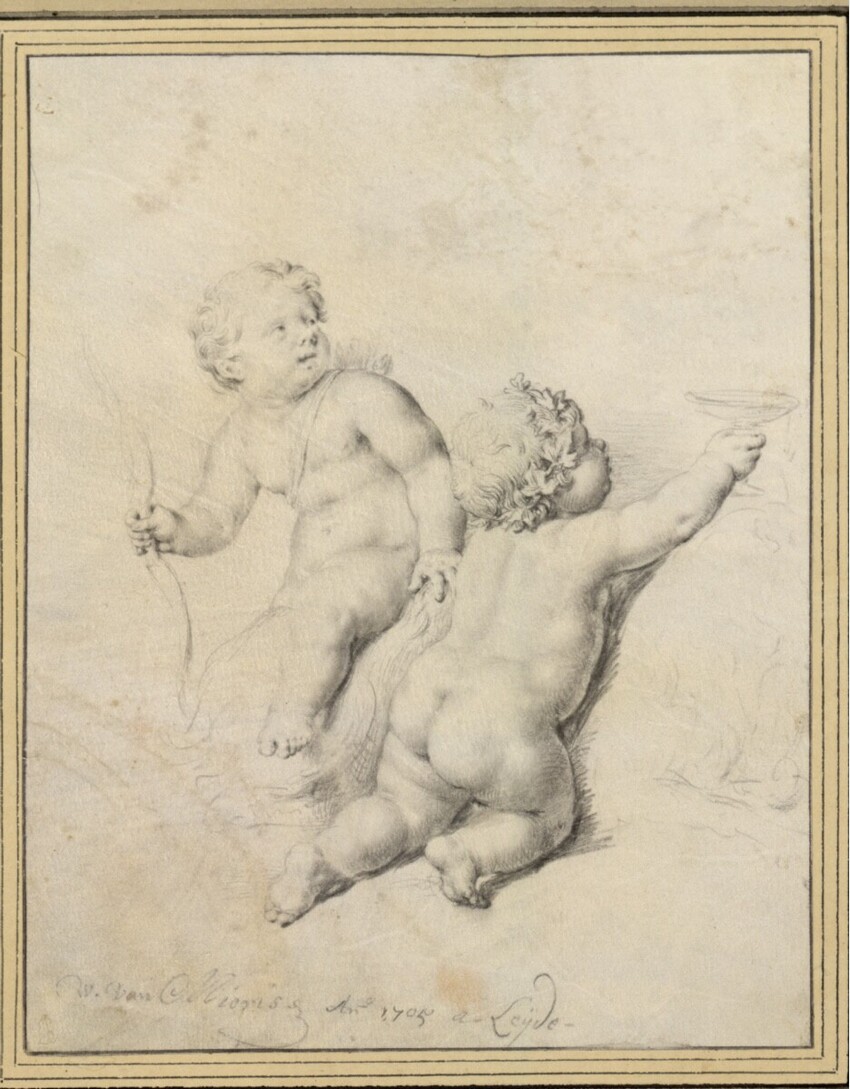 Willem van Mieris (Leiden 1662 - 1747 Leiden) | Amor und Bacchusknäblein | Displayed motifs: Putto, Boy, Human face, White dove, Person, 