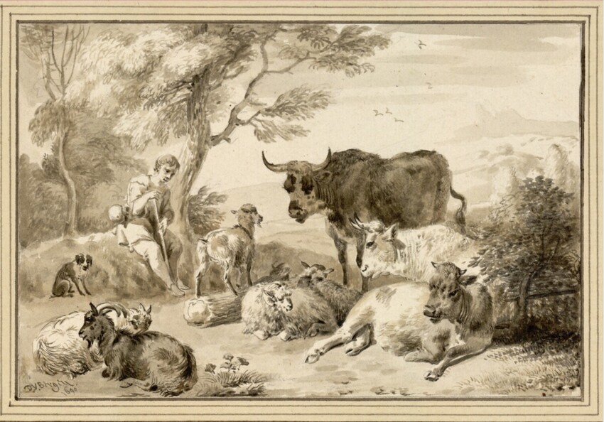 Dirck van Bergen (Haarlem (um) 1645 - 1690 Haarlem) | Kleine Viehherde und sitzender Hirtenjunge mit Hündchen unter einem Baum | Displayed motifs: Dog, Goat, Bull, Cattle, Sheep, Person, Tree, 