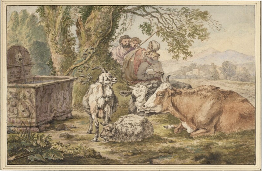 Jacob van der Does (der Ältere) (Amsterdam 1623 - 1673 Amsterdam) | Vieh und Hirtenfamilie, nahe einem Brunnen mit antikem Sarkophag als Tränke | Displayed motifs: Goat, Animal, Person, Tree, Human face, Sheep, 