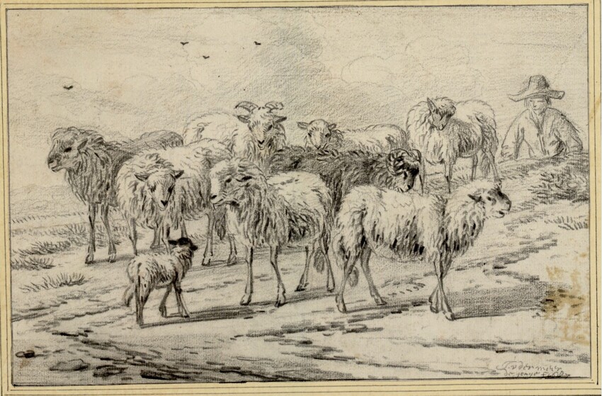 Jan van der Meer d.Ä. (Haarlem 1628 - 1691 Haarlem) | Kleine Schafherde, rechts hinten der Hirte | Displayed motifs: Animal, Lion, Clothing, Man, Goat, Person, 