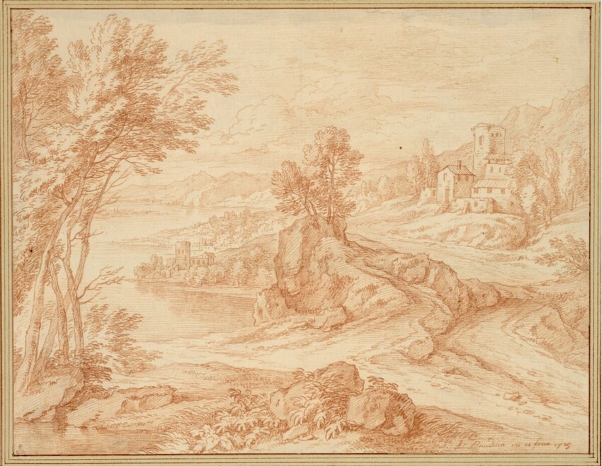 Frans Boudewyns (Brüssel 1682 - 1767 Brüssel) | Italienische Flußlandschaft mit Landstraße und Kastellen | Displayed motifs: Tree, House, 