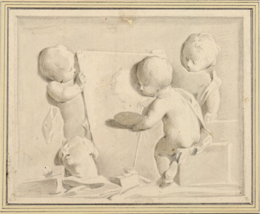 Jacob de Wit (Amsterdam 1695 - 1754 Amsterdam) | Allegorie der Malerei mit drei Putten (Basrelief) | Displayed motifs: Putto, Person, Human face, Clothing, Boy, 