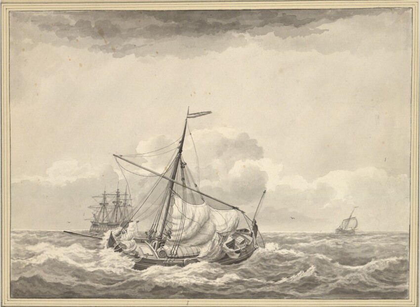 Pieter Aartsz Blaauw (Hoorn 1744 - 1808 Medemblik) | Ein Boot bei leichtem Sturm, mit halb eingeholtem Segel | Displayed motifs: Boat, Coat of arms, Vehicle, Latin cross, 