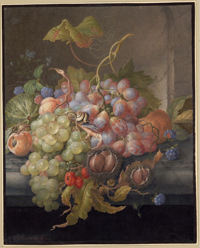 Herman Henstenburgh (Hoorn 1667 - 1726 Hoorn) | Früchtestillleben mit Maronen und kleiner Schnecke | Displayed motifs: Apple, Coat of arms, Flower, Plant, 