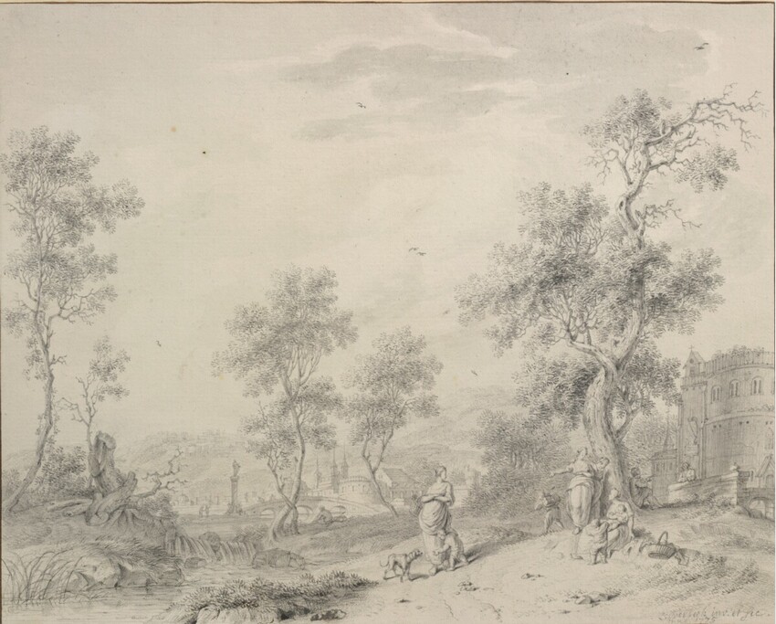 Leendert Overbeek (Haarlem um 1752 - 1815 Haarlem) | Idyllische Landschaft mit Frauen und Kindern | Displayed motifs: Tree, Crucifixion, Latin cross, Building, Person, 