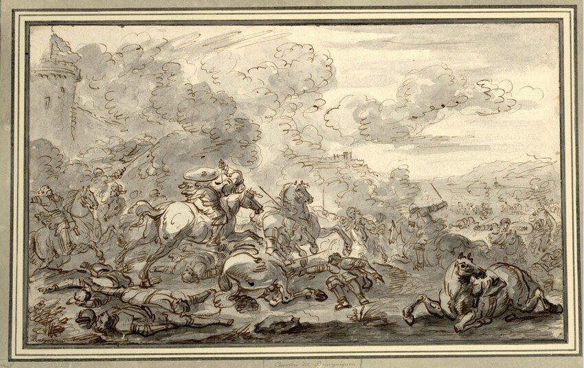 Charles Parrocel ( ?, Paris 1688 - 1752 Paris) | Reitergefecht mit Burgen im Mittelgrund | Displayed motifs: Tiger, 