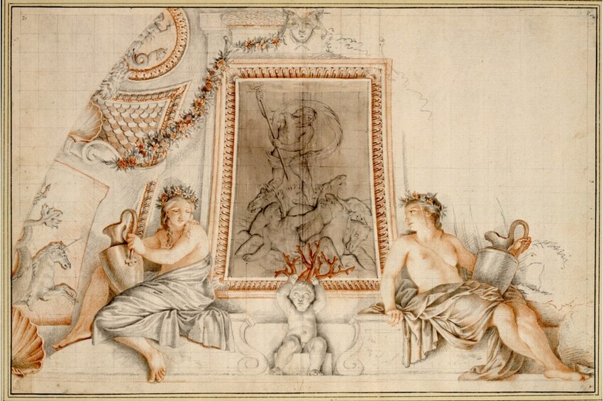 Bernard Picart (Paris 1673 - 1733 Amsterdam) | Triumph des Neptun (Zeichnung nach Eustache Le Sueurs Plafond im Cabinet des bains im Hôtel Lambert) | Displayed motifs: Halo, Angel, Woman, Human face, Person, White dove, Coat of arms, 