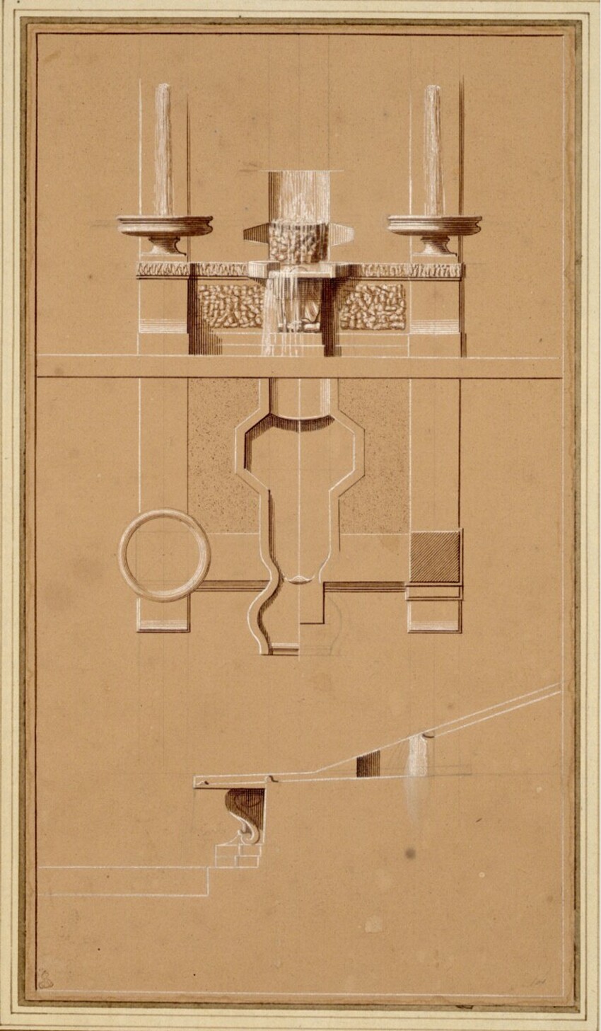 Alexandre Jean-Baptiste Le Blond (Paris 1679 - 1719 St. Petersburg) | Auf- und Grundriss bzw. Seitenansicht eines Wandbrunnens | Displayed motifs: Shelf, Door, 