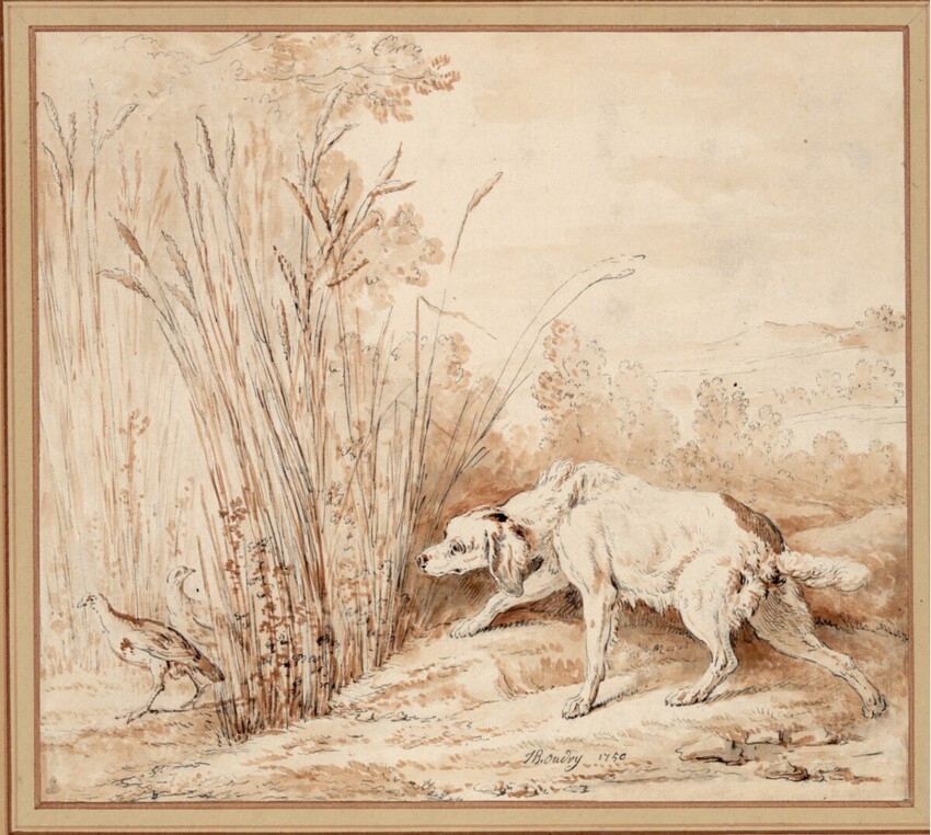 Jean-Baptiste Oudry (Paris 1686 - 1755 Beauvais) | Ein Hund lauert auf zwei Rebhühner | Displayed motifs: White dove, Dog, Bird, Carnivore, Plant, Sparrow, 