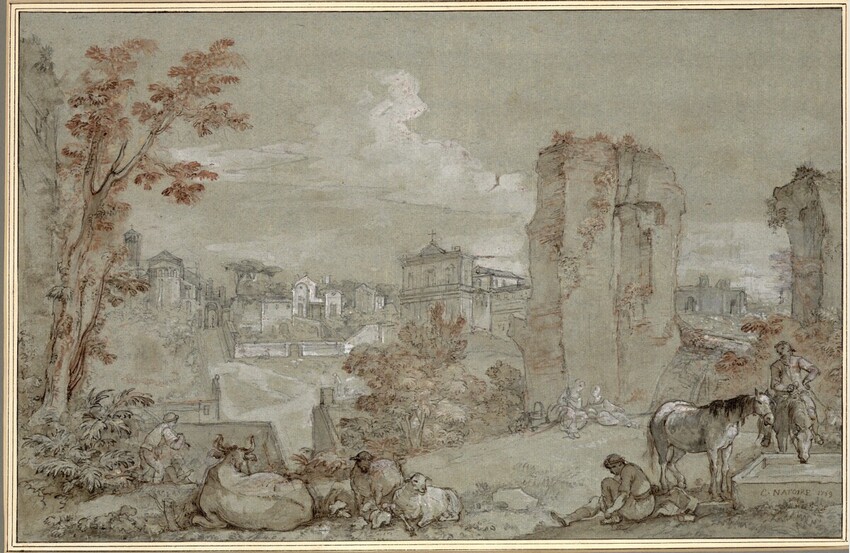 Charles-Joseph Natoire (Nîmes 1700 - 1777 Castel Gandolfo) | Blick auf die Basilika Santi Giovanni e Paolo und die Kirche San Gregorio auf dem Monte Celio | Displayed motifs: Tree, Horse, Building, Person, Animal, Plant, Angel, 