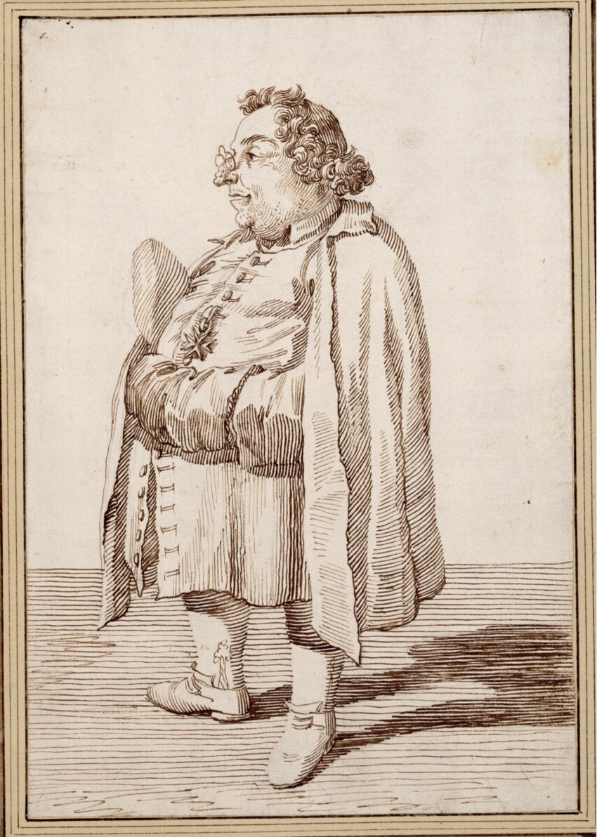 Pier Leone Ghezzi (Rom 1674 - 1755 Rom) | Ein kleiner korpulenter Mann nach links, einen Kneifer auf der Nase, die Hände in die Ärmel gesteckt, ein Ordenskreuz an der Brust | Displayed motifs: Footwear, Clothing, Human face, Man, Person, 