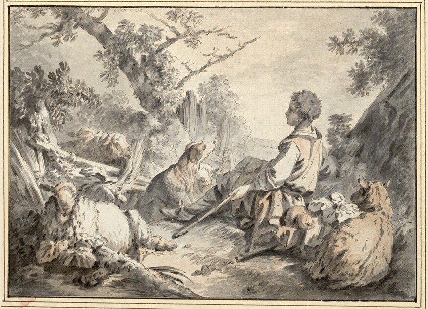 Jean-Baptiste Marie Huet (Paris 1745 - 1811 Paris) | Schafhirte mit seiner Herde | Displayed motifs: Carnivore, Animal, Person, Tree, Clothing, Man, 