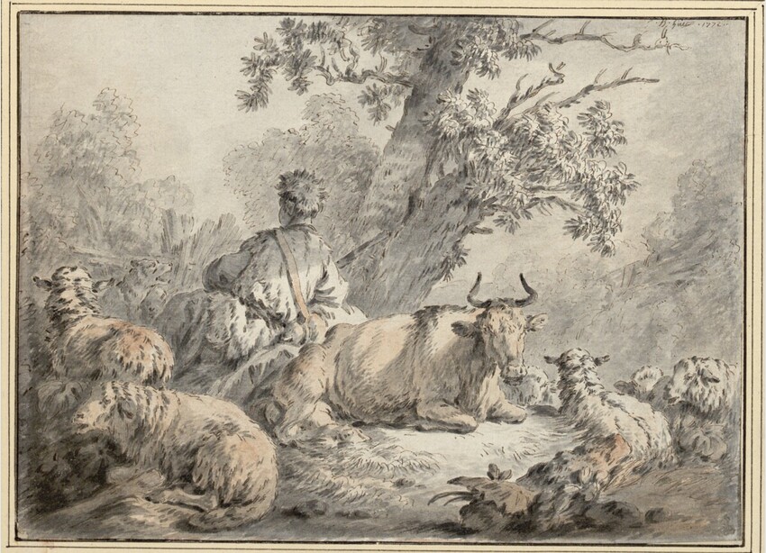 Jean-Baptiste Marie Huet (Paris 1745 - 1811 Paris) | Hirt mit Herde | Displayed motifs: Carnivore, Person, Cattle, Tree, Goat, Clothing, Sheep, 