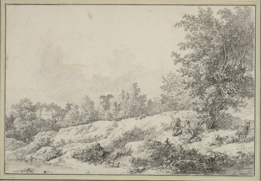 Jean-Baptiste Le Prince (Metz 1734 - 1781 St-Denis-du-Port (Seine-et-Marne)) | Landschaft mit Schafhirten | Displayed motifs: Tree, 