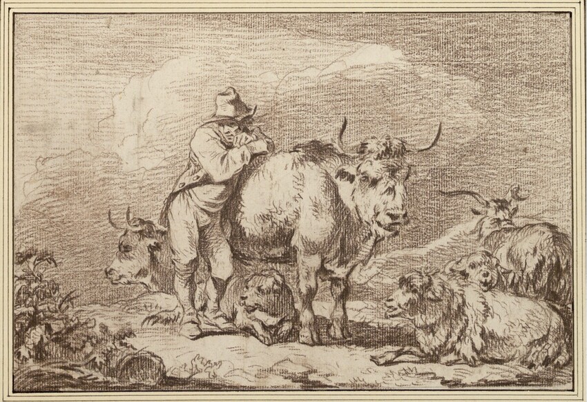 Philipp Jakob Loutherbourg (der Jüngere) (Straßburg 1740 - 1812 Chiswick) | Ein Hirte mit seiner Herde | Displayed motifs: Lion, Cattle, Person, White dove, Human face, Bull, Animal, 