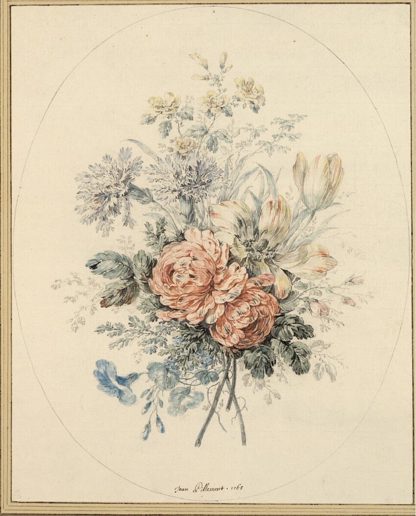 Jean Pillement (Lyon 1728 - 1808 Lyon) | Blumenbouquet | Displayed motifs: Rose, Flower, White dove, Putto, 