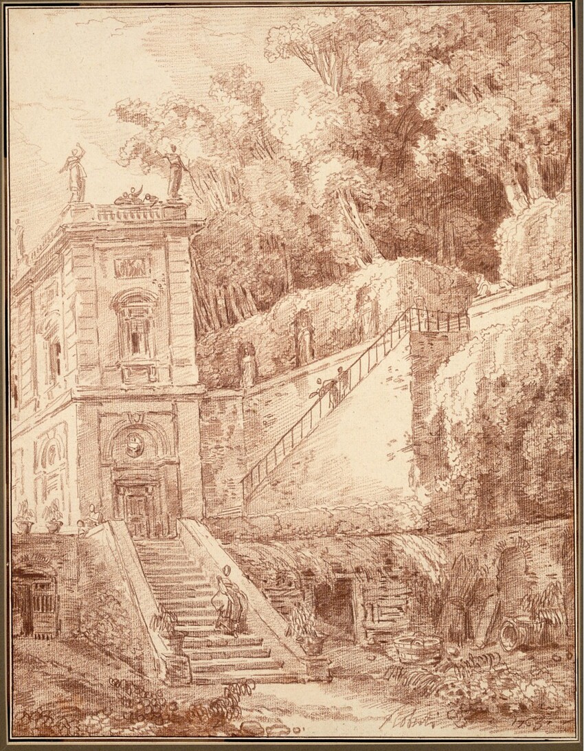 Hubert Robert (Paris 1733 - 1808 Paris) | Teilansicht einer italienischen Gartenvilla, von der Villa d'Este in Tivoli inspiriert | Displayed motifs: Building, Stairs, Tree, 